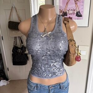 y2k 2000s mcbling silver sequin tank top